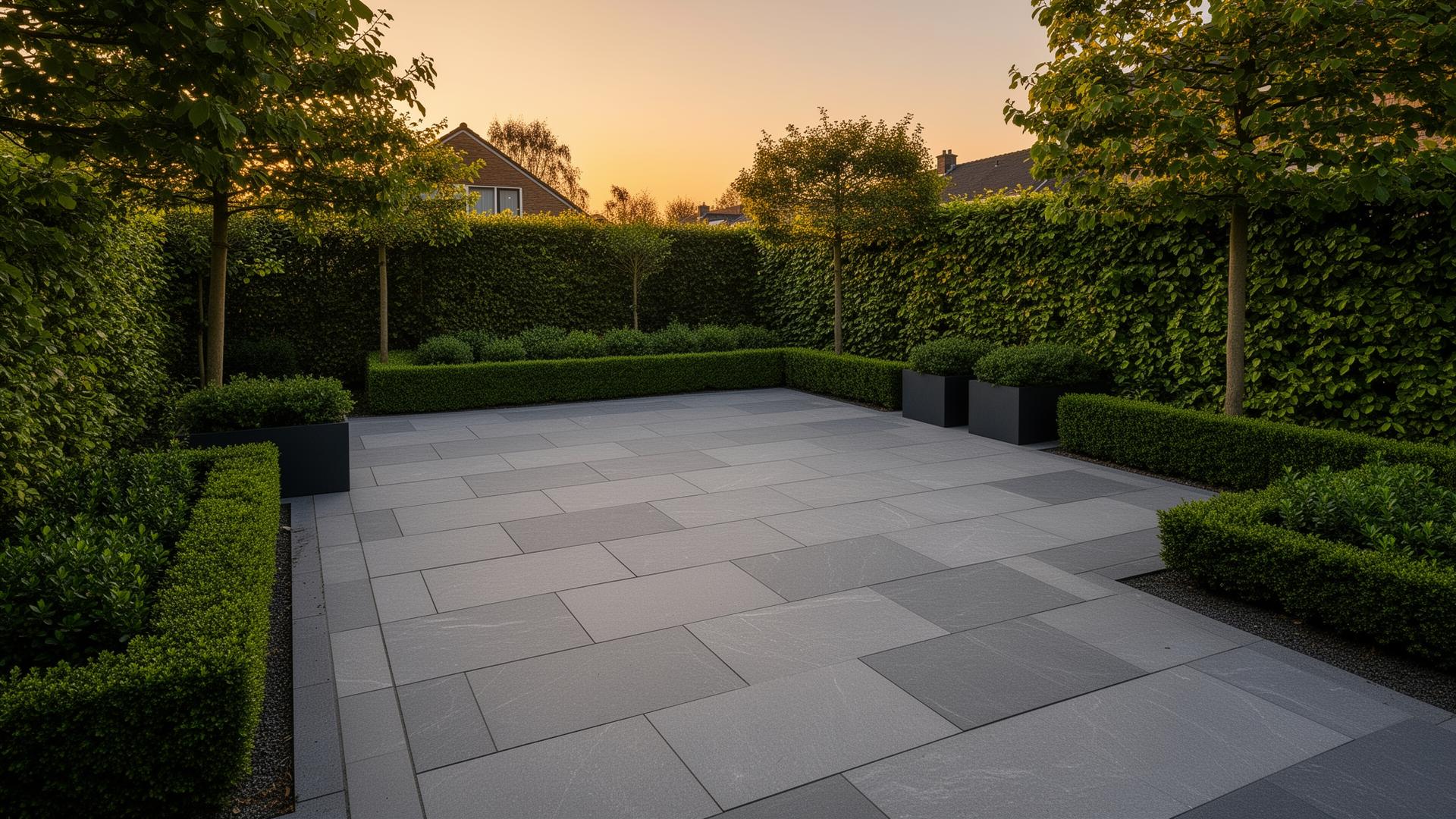 Strakke bestrating in moderne tuin met groene aanplant